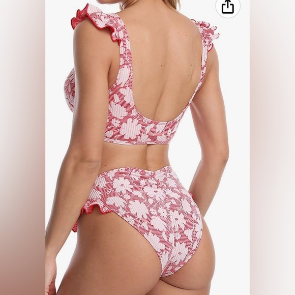 BIKINI RETRO MID WAIST RUFFLE SLEEVES BLACK FLORAL PRINT - Picture 5 of 16